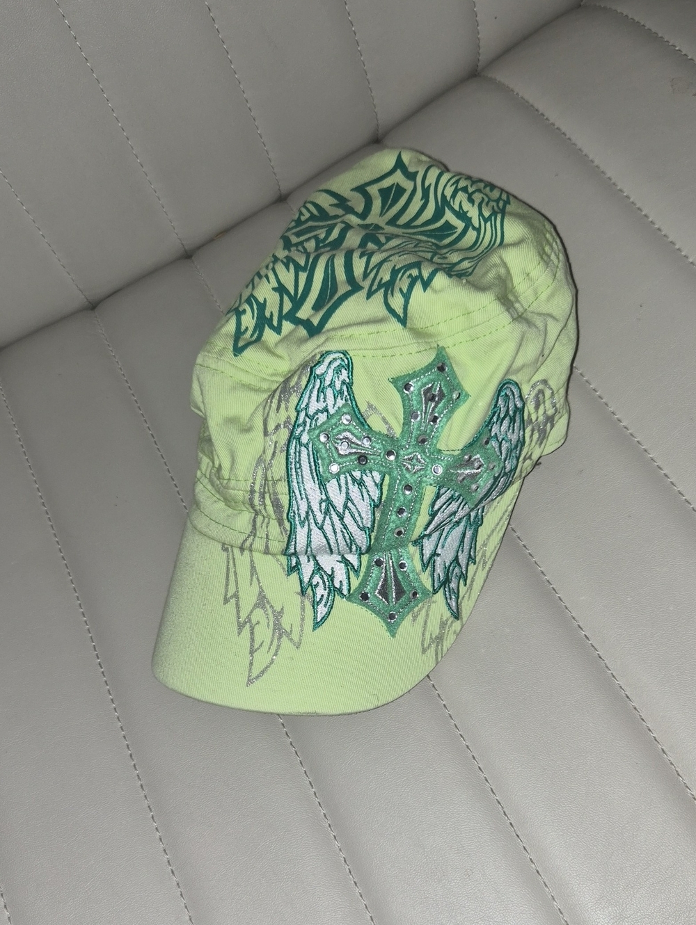 Embellished Y2K Lime Green Hat Winged Cross Cap Bedazzled BLING